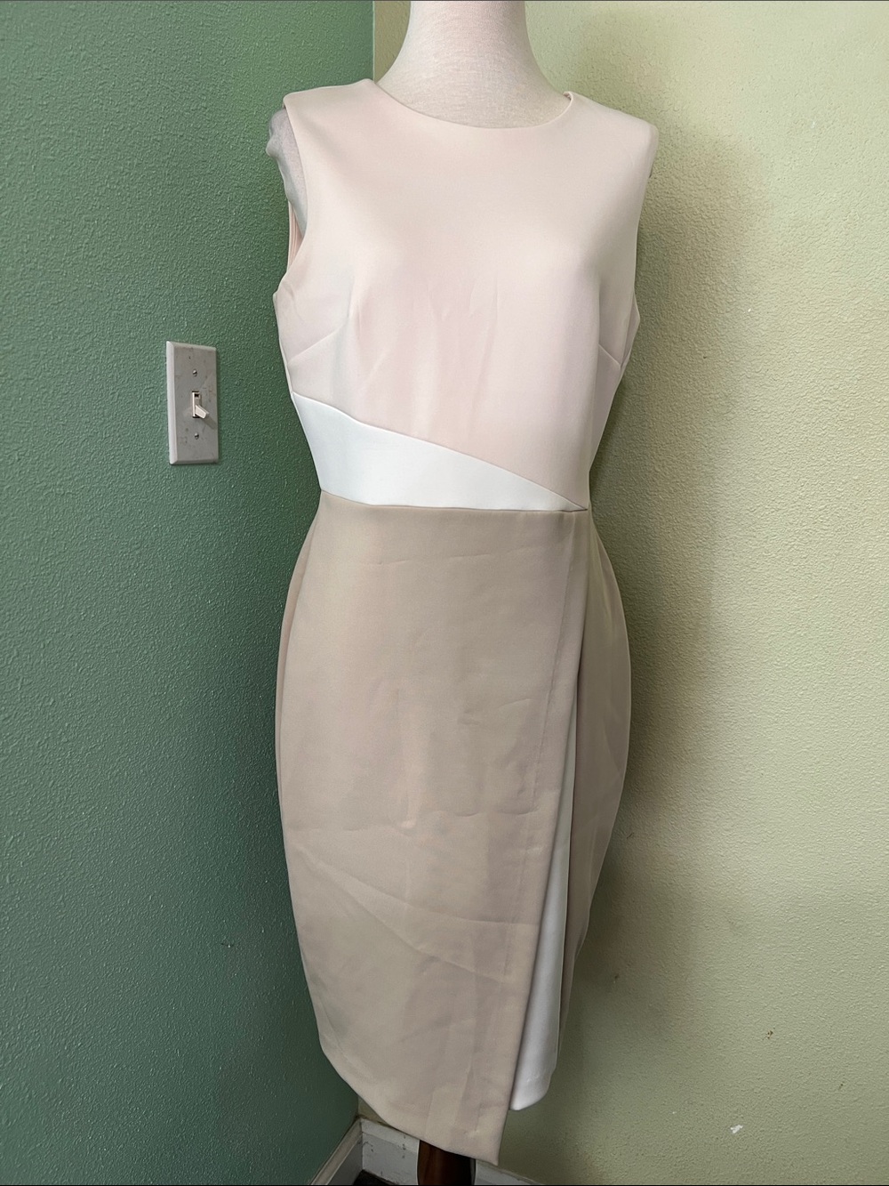 Calvin Klein Sleeveless Colorblock Midi Dress in Blush, White, and Beige